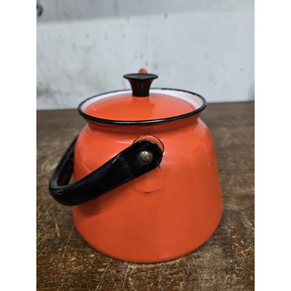 Vintage Huta Silesia Poland Orange Enamelware Tea Kettle Teapot Retro MCM